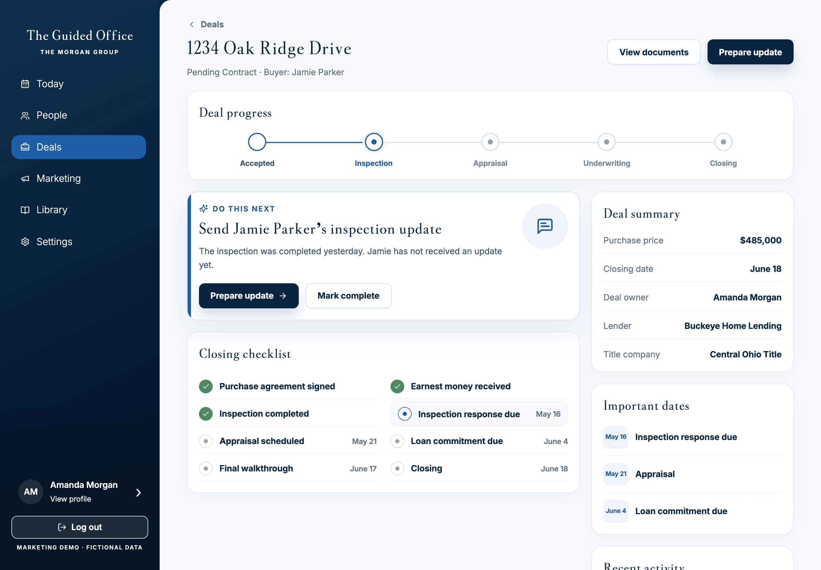 The Guided Office deal screen showing inspection progress, important dates, and a recommended update using fictional demo data