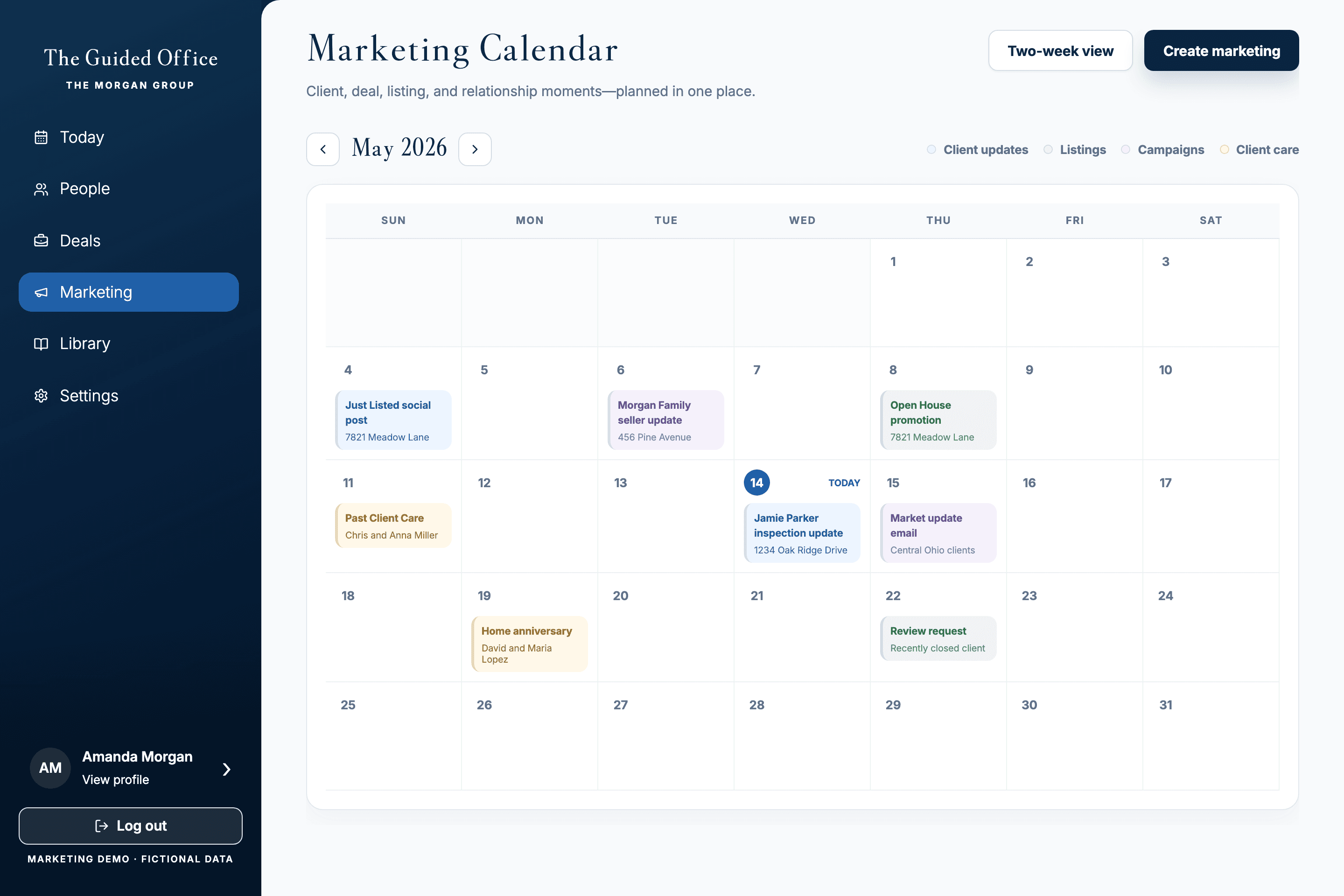 Marketing calendar connected to client activity in a fictional Guided Office demo